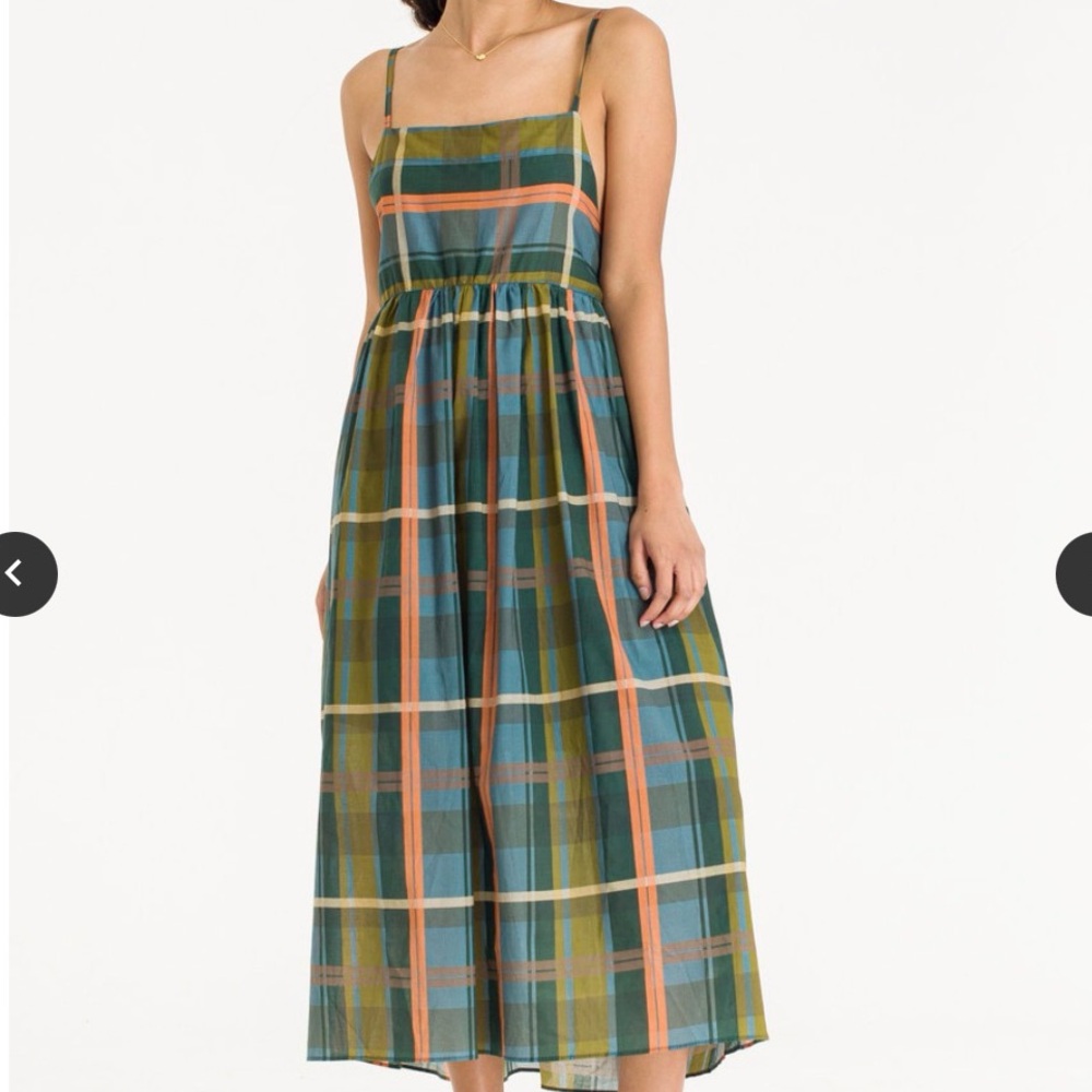 Olive Check Slip Dress in Plaid Midi Dress in Green and Blue